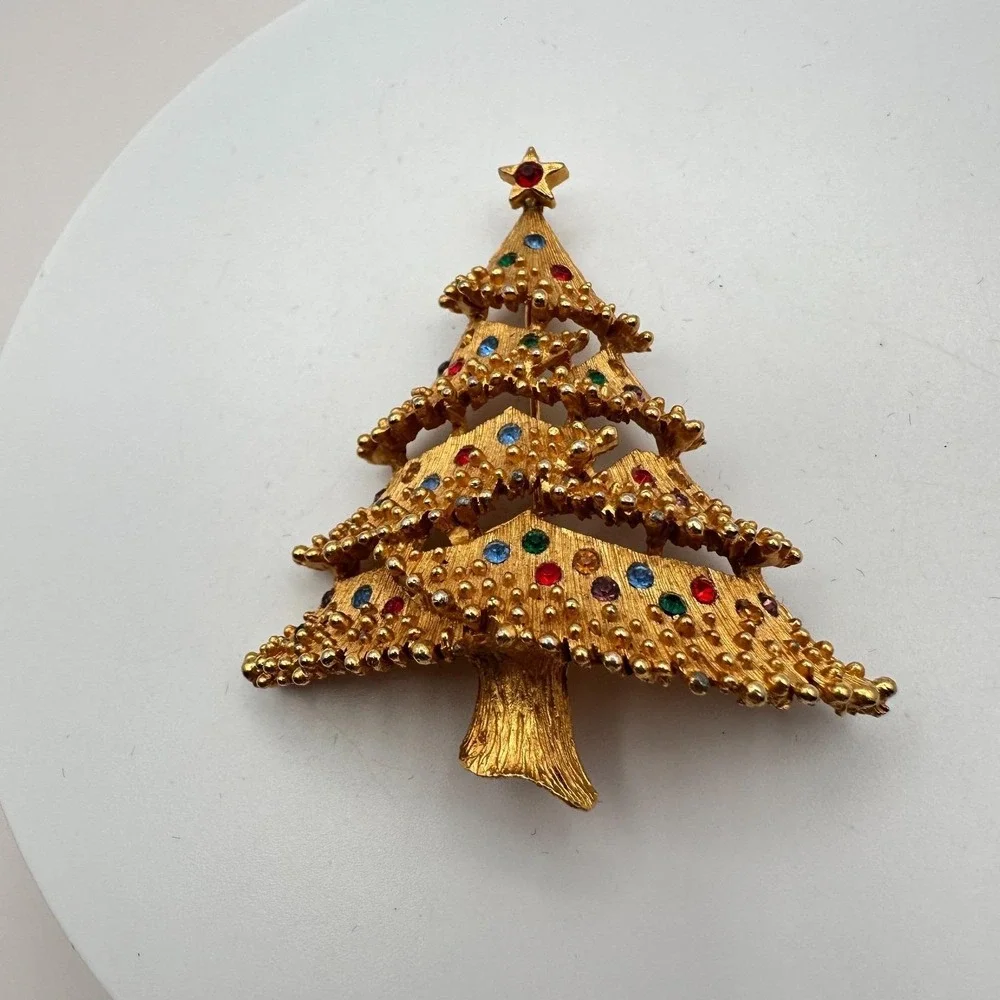 Vintage 90s Christmas‎ Tree Rhinestone Brooch Pin Gold Tone Fashion Jewelry